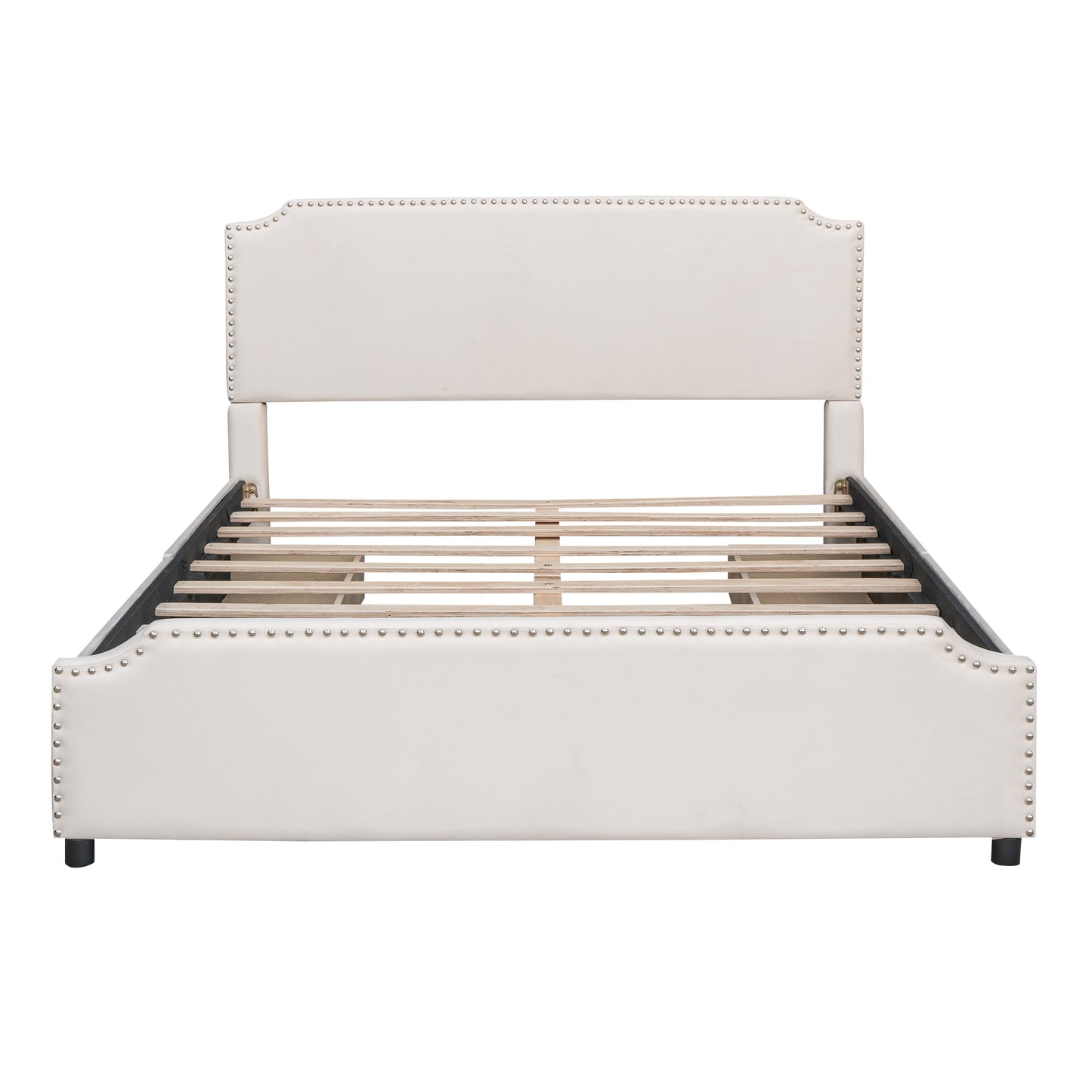 Upholstered Platform Bed with Stud Trim Headboard and Footboard and 4 Drawers No Box Spring Needed, Velvet Fabric, Queen Size (Beige)