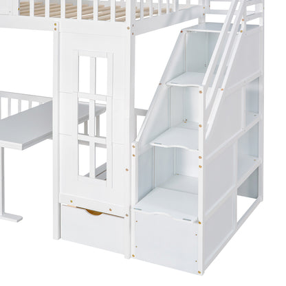 Twin-Over-Twin Bunk Bed with Changeable Table , Bunk Bed  Turn into Upper Bed and Down Desk with 2 Drawers - White