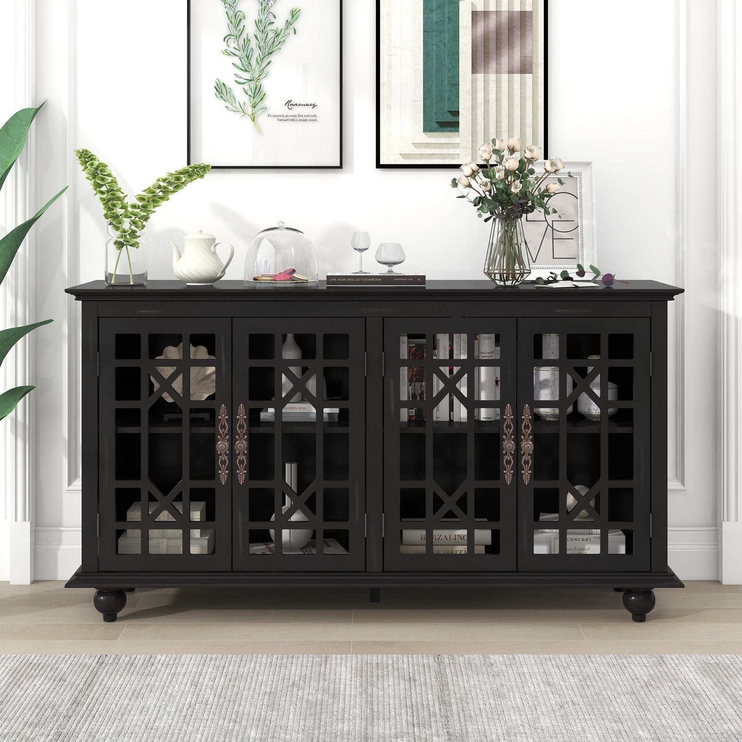 TREXM Sideboard with Adjustable Height Shelves, Metal Handles, and 4 Doors for Living Room, Bedroom, and Hallway (Espresso)