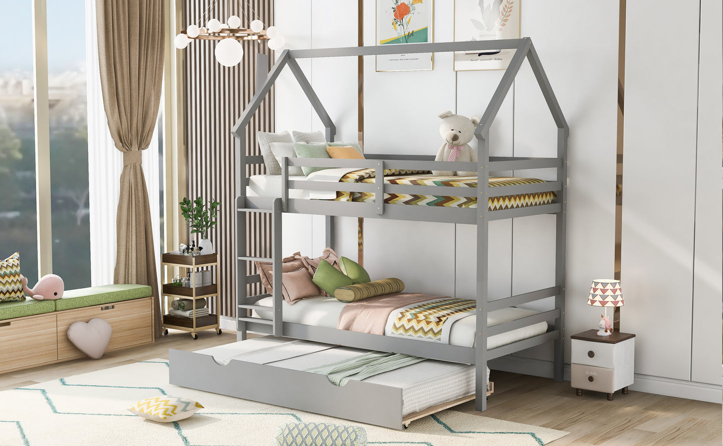 Twin over Twin House Bunk Bed with Trundle and Chimney Design,Gray