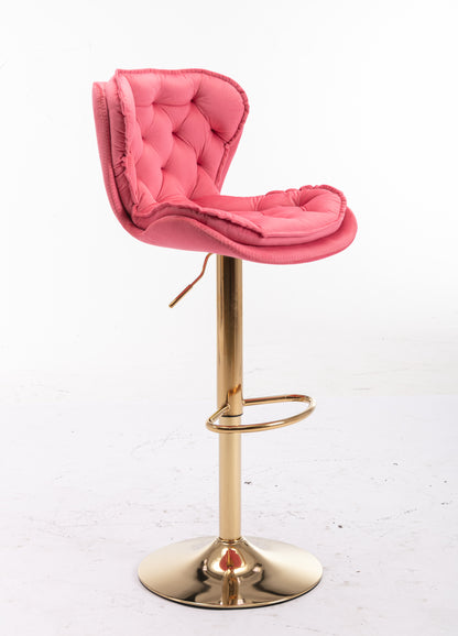 Set of 2  Bar Stools,with Chrome Footrest and Base Swivel Height Adjustable Mechanical Lifting Velvet + Golden Leg Simple Bar Stool-pink