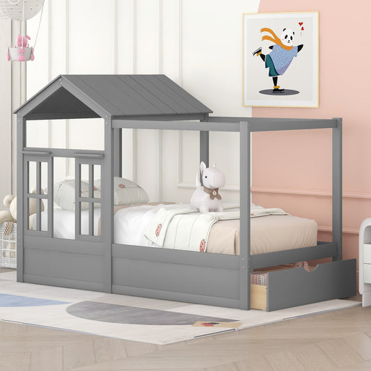 Twin Size House Bed with Roof, Window and Drawer - Gray