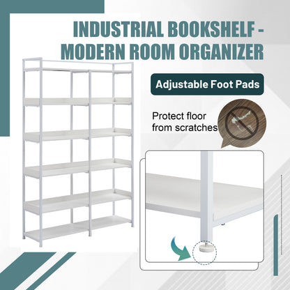 70.8 Inch Tall Bookshelf MDF Boards Stainless Steel Frame, 6-tier Shelves with Back&Side Panel, Adjustable Foot Pads, White