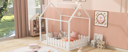 （Slats are not included) Full Size Wood Bed House Bed Frame with Fence, for Kids, Teens, Girls, Boys (White )(OLD SKU:WF281294AAK)