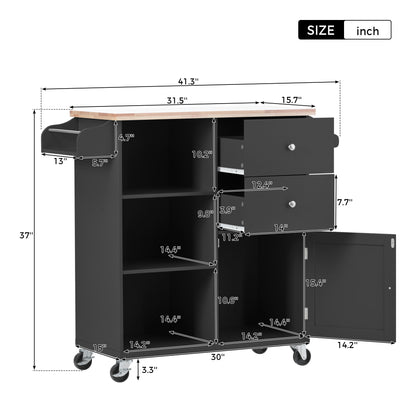 K&K Store Kitchen Cart on 4 Wheels with 2 Drawers and 3 Open Shelves, Kitchen Island with Rubber Wood top for Dinning Room, Black