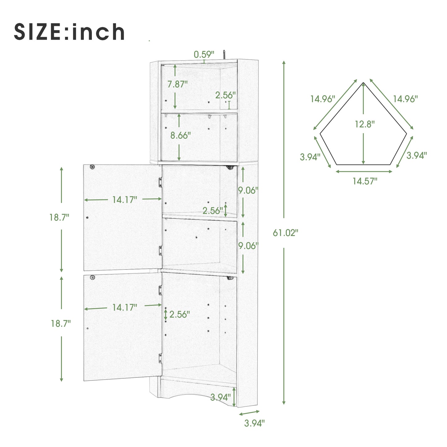 Tall Bathroom Corner Cabinet, Freestanding Storage Cabinet with Doors and Adjustable Shelves, MDF Board, White