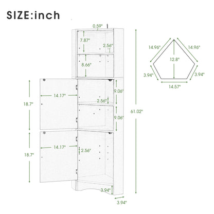 Tall Bathroom Corner Cabinet, Freestanding Storage Cabinet with Doors and Adjustable Shelves, MDF Board, White