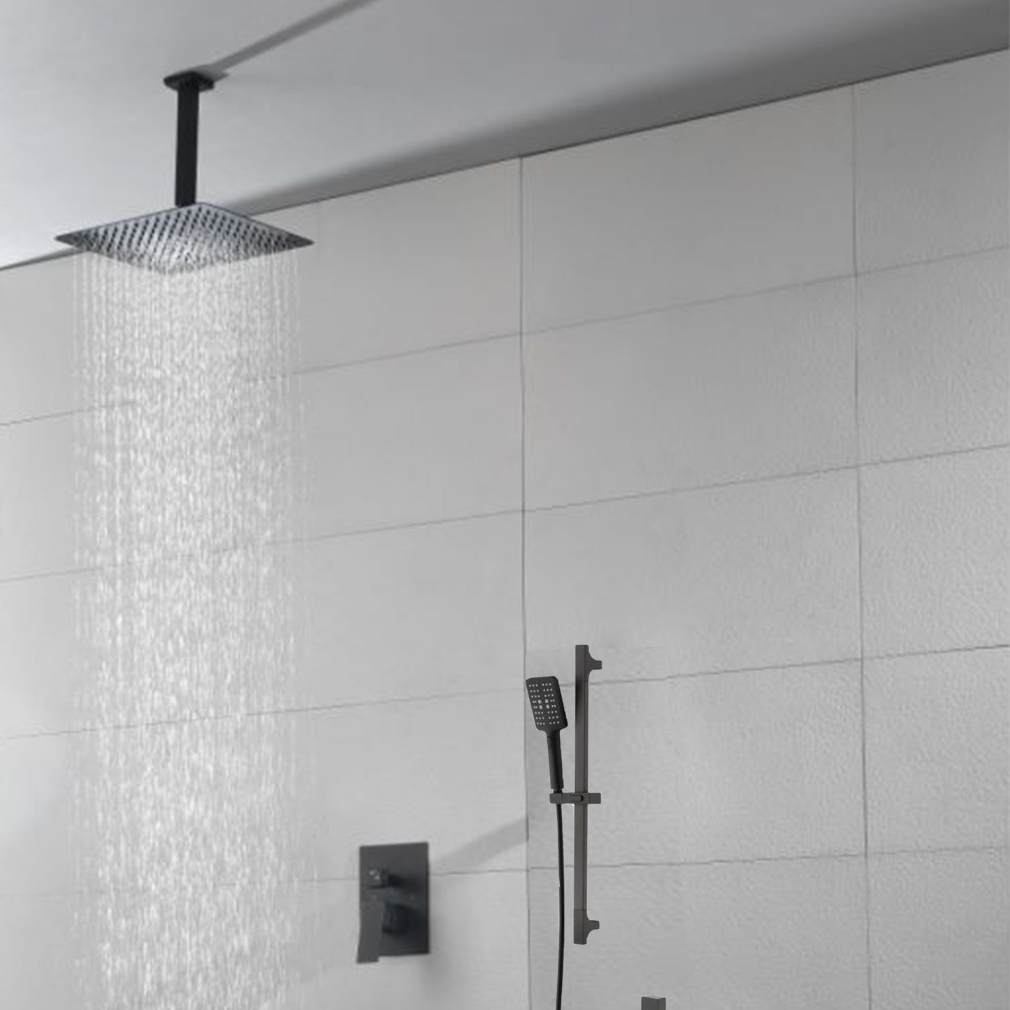 Shower System 16Inch Square Bathroom Luxury Rain Mixer Shower Combo Set Pressure Balanced Shower System with Shower Head, Hand Shower, Slide Bar, Shower Arm, Hose, and Valve Trim