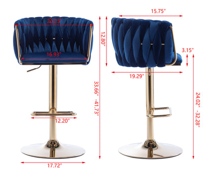 Set of 2  Bar Stools,with Chrome Footrest and Base Swivel Height Adjustable Mechanical Lifting Velvet + Golden Leg Simple Bar Stool-Navy