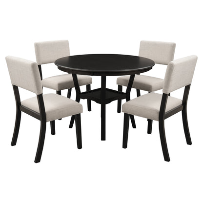 TREXM 5-Piece Kitchen Dining Table Set Round Table with Bottom Shelf, 4 Upholstered Chairs for Dining Room（Espresso）