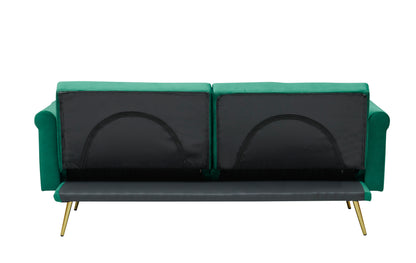 Green velvet nail head sofa bed with throw pillow and midfoot