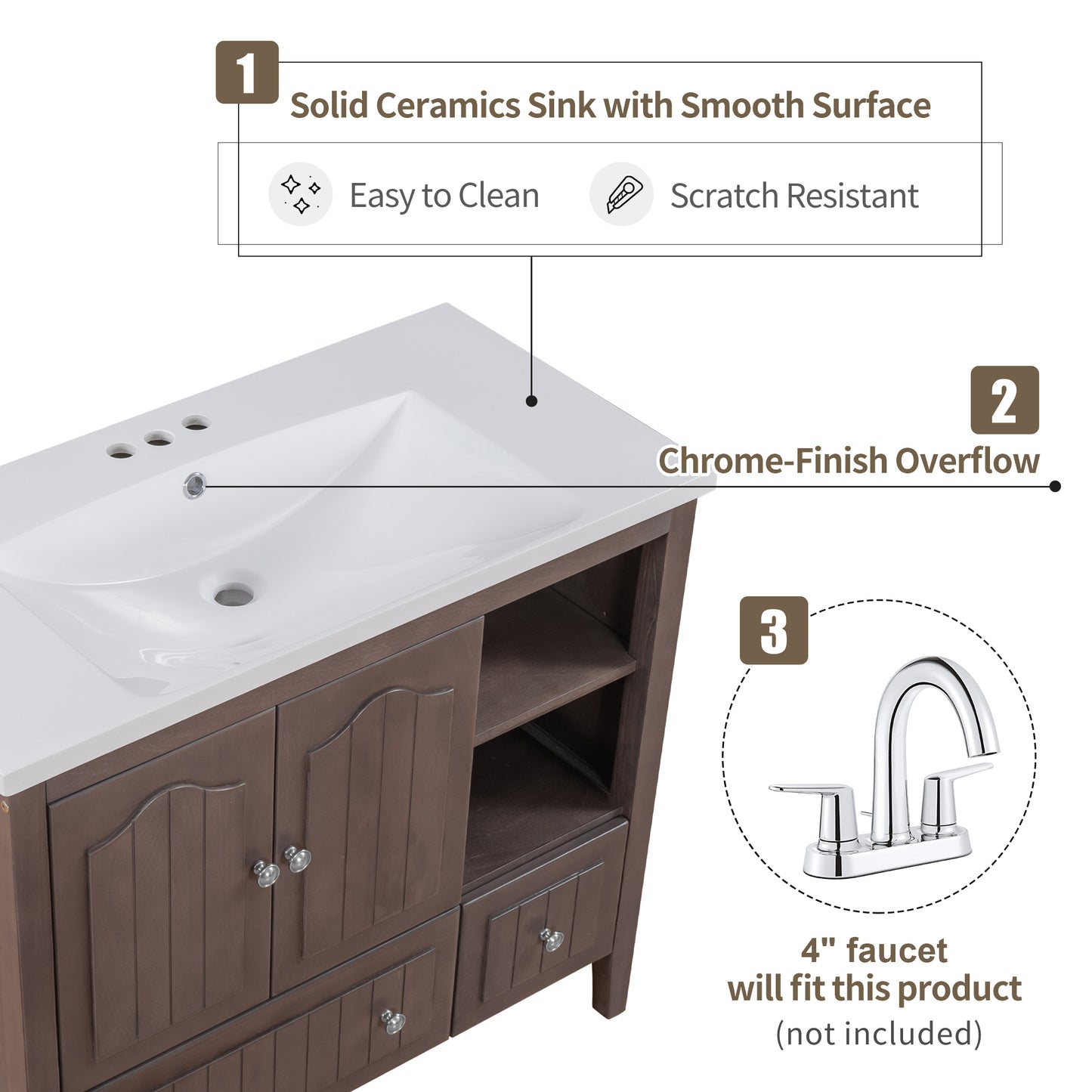 [VIDEO] 36" Bathroom Vanity with Ceramic Basin, Bathroom Storage Cabinet with Two Doors and Drawers, Solid Frame, Metal Handles, Brown