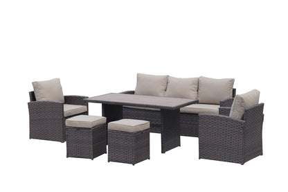 6-Piece Outdoor PE Rattan Sofa Set Patio Garden Wicker Dining and Coffee Sofa-Dark Brown