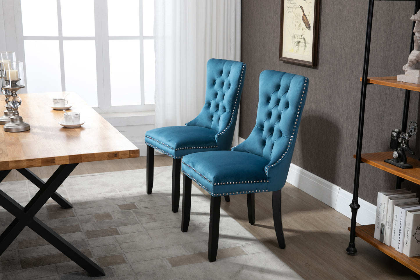 Upholstered Button Tufted Back  Velvet Dining Chair with Nailhead Trim and Solid Wood Legs 2 Sets