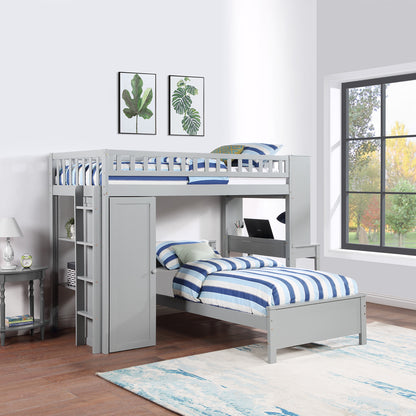 Twin Size Loft Bed with Closet and Desk, Extra Bottom Twin Bed, Grey