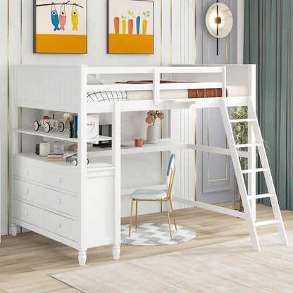 Full size Loft Bed with Drawers and Desk, Wooden Loft Bed with Shelves - White(OLD SKU:LT000529AAK)