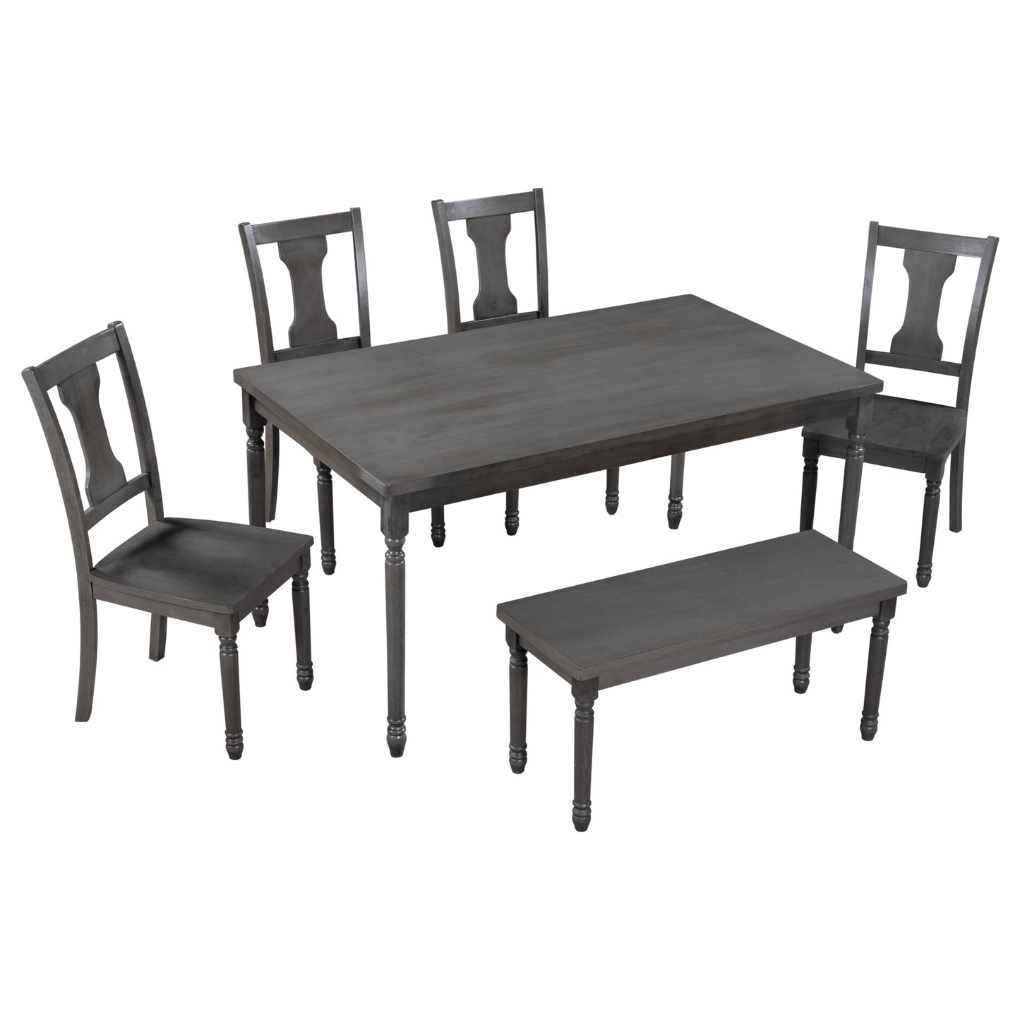 TREXM Classic Dining Set Wooden Table and 4 Chairs with Bench for Kitchen Dining Room, Gray (Set of 6)