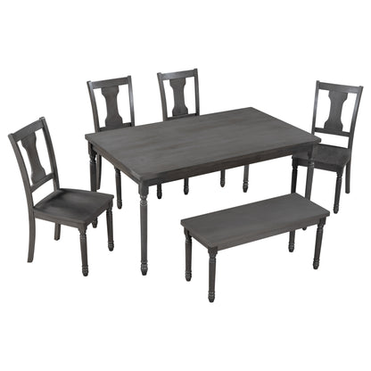 TREXM Classic Dining Set Wooden Table and 4 Chairs with Bench for Kitchen Dining Room, Gray (Set of 6)