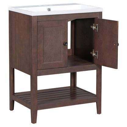 [VIDEO] 24" Brown Modern Sleek Bathroom Vanity Elegant Ceramic Sink with Solid Wood Frame Open Style Shelf