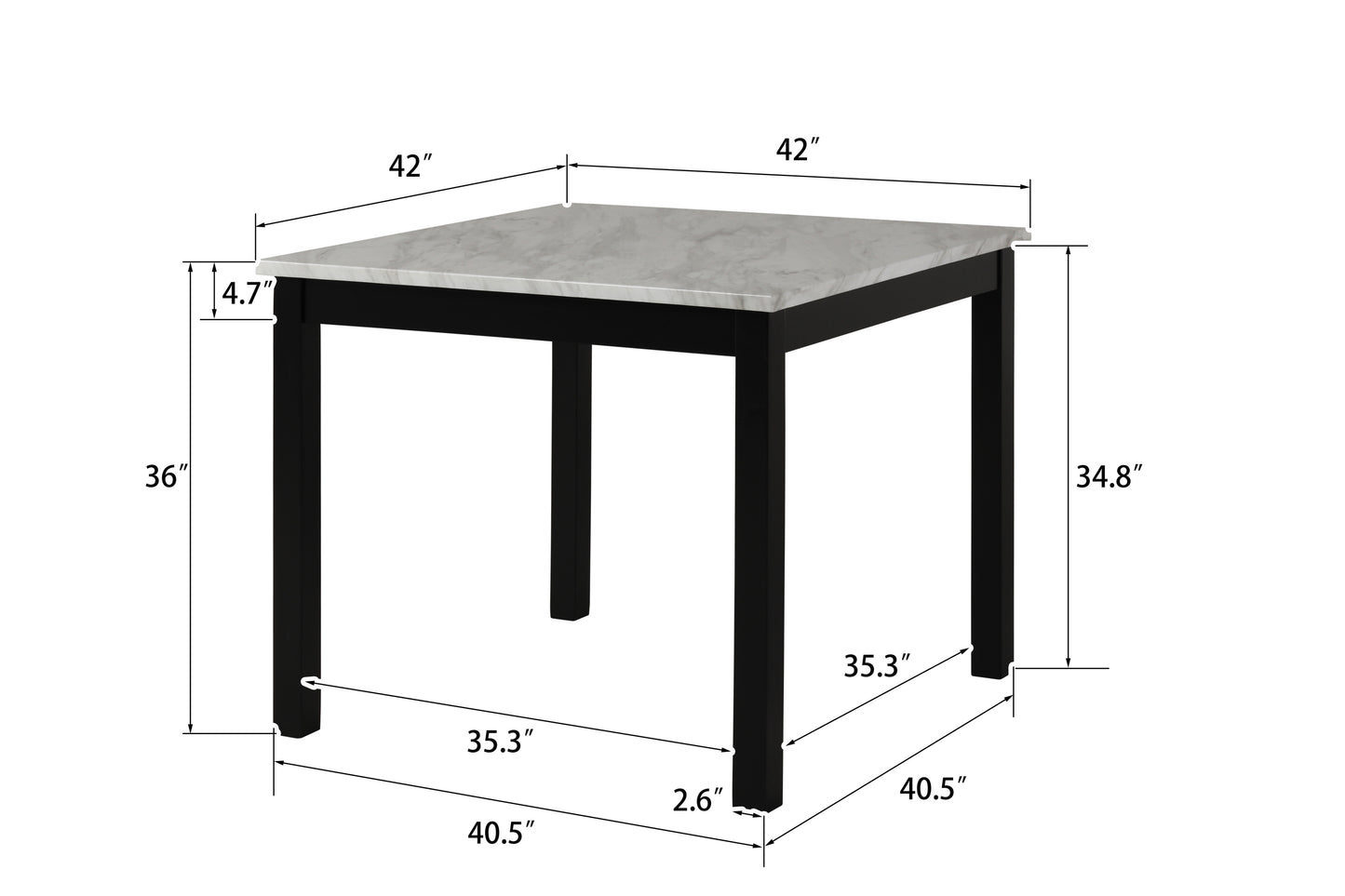 5-piece Counter Height Dining Table Set with One Faux Marble Dining Table and Four Upholstered-Seat Chairs， for Kitchen and Living room ,Table : 42" L x42" Wx36"H,Chair: 18.5" Lx23.2" Dx39.8" H,Black