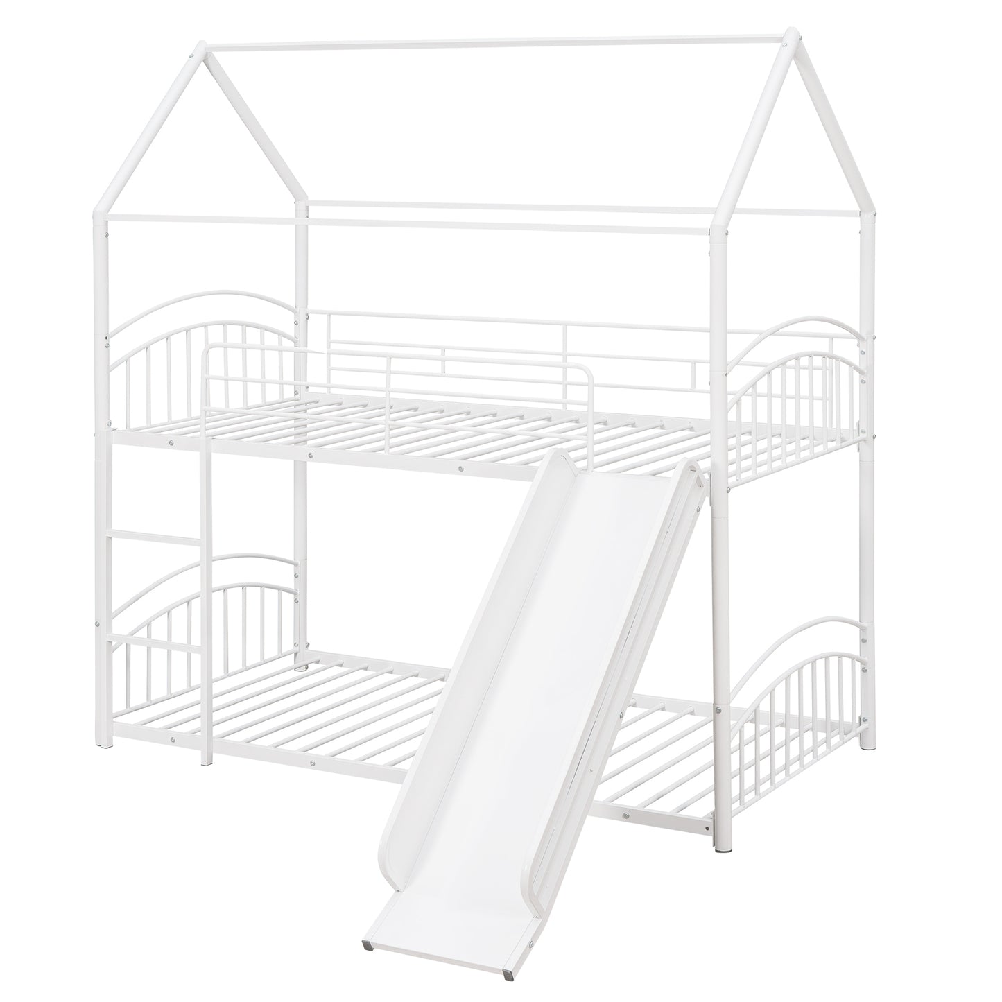 Twin Over Twin Metal Bunk Bed With Slide,Kids House Bed White