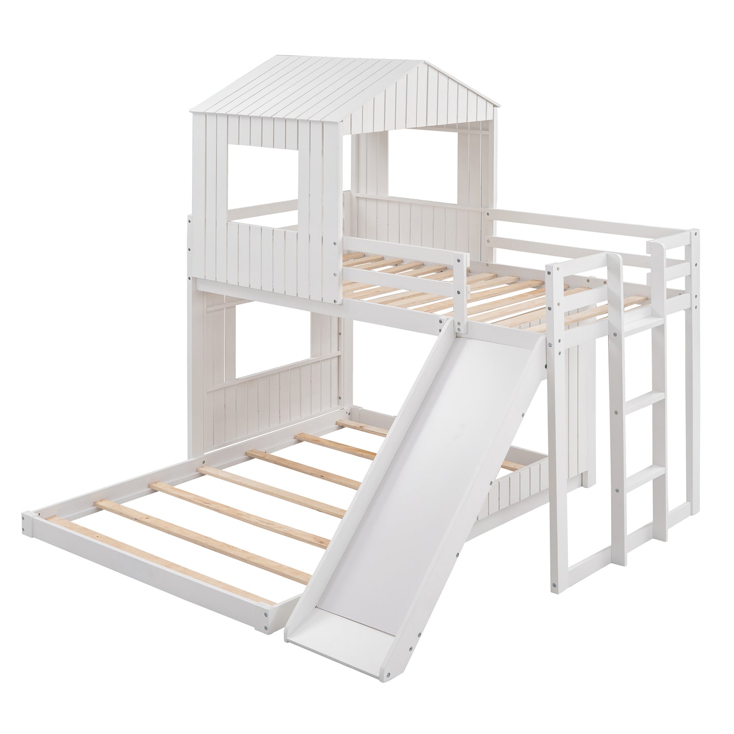 Wooden Twin Over Full Bunk Bed, Loft Bed with Playhouse, Farmhouse, Ladder, Slide and Guardrails, White(OLD SKU :LP000028AAK)