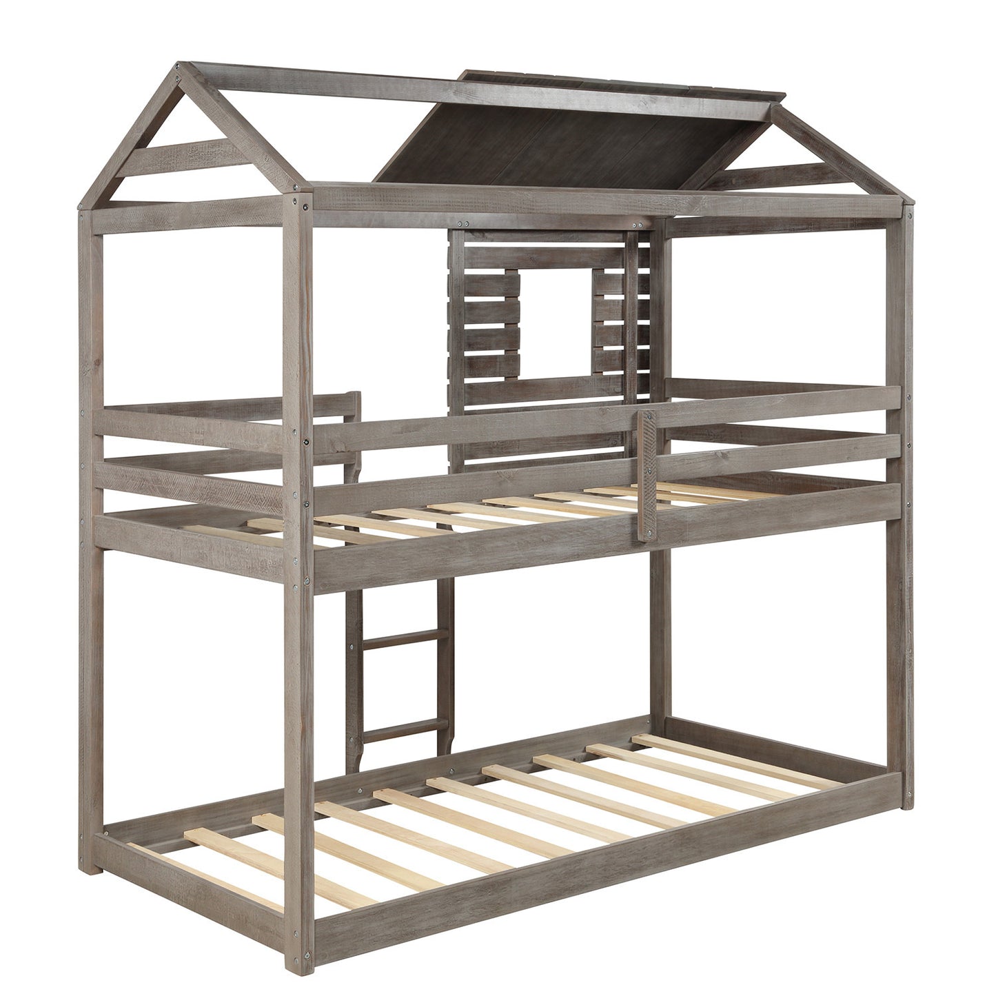 Twin Over Twin Bunk Bed Wood Loft Bed with Roof, Window, Guardrail, Ladder  ( Antique Gray )