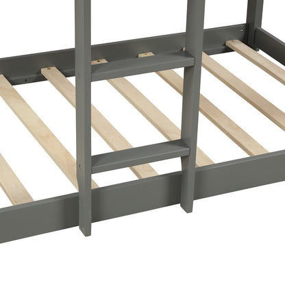 Twin Over Twin Bunk Bed Wood Loft Bed with Roof, Window, Guardrail, Ladder (Gray)(OLD SKU: LP000088AAN)