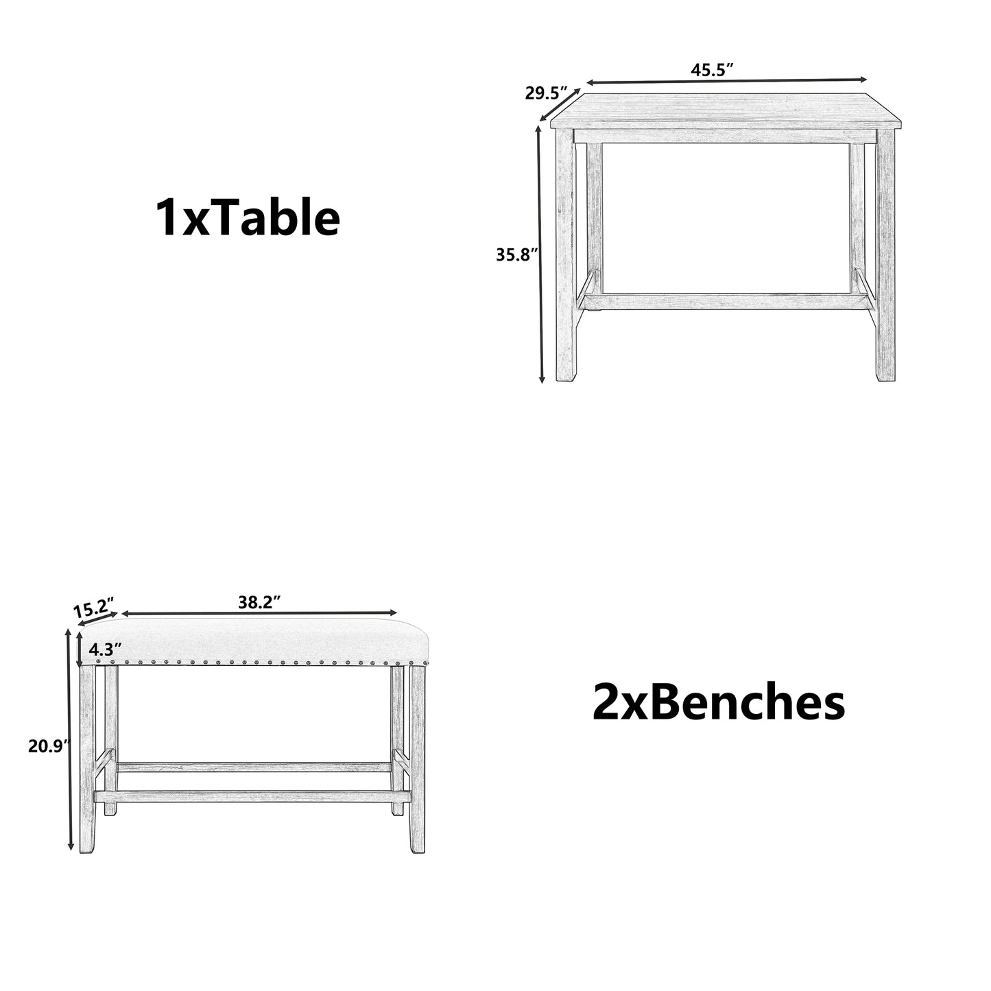 TOPMAX 3 Pieces Rustic Wooden Counter Height Dining Table Set with 2 Upholstered Benches for Small Places, Espresso+ Beige