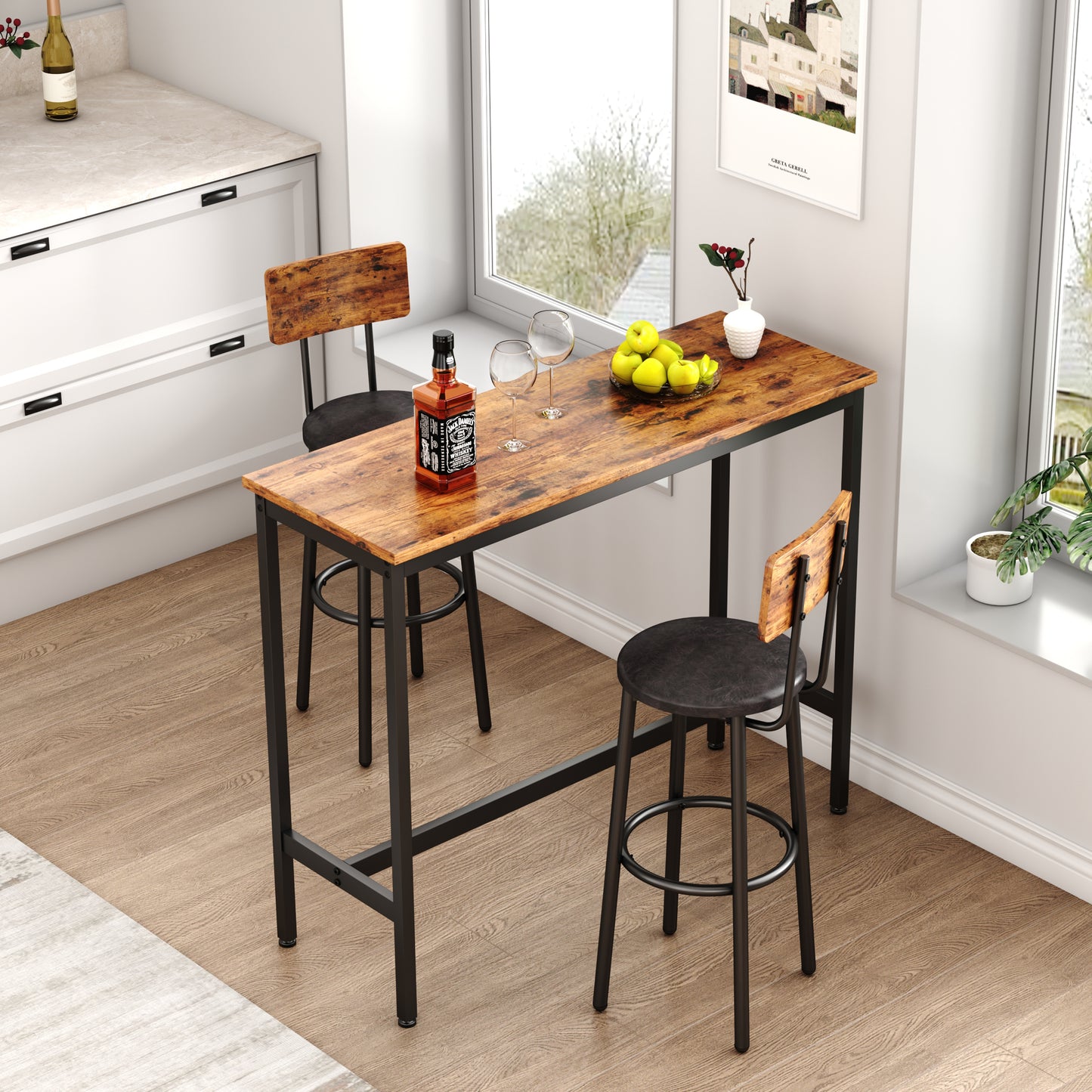 Bar Table Set with 2 Bar stools PU Soft seat with backrest (Rustic Brown,43.31’’w x 15.75’’d x 23.62’’h)