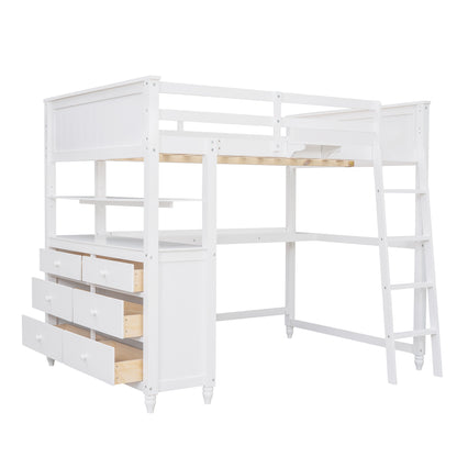 Full size Loft Bed with Drawers and Desk, Wooden Loft Bed with Shelves - White(OLD SKU:LT000529AAK)