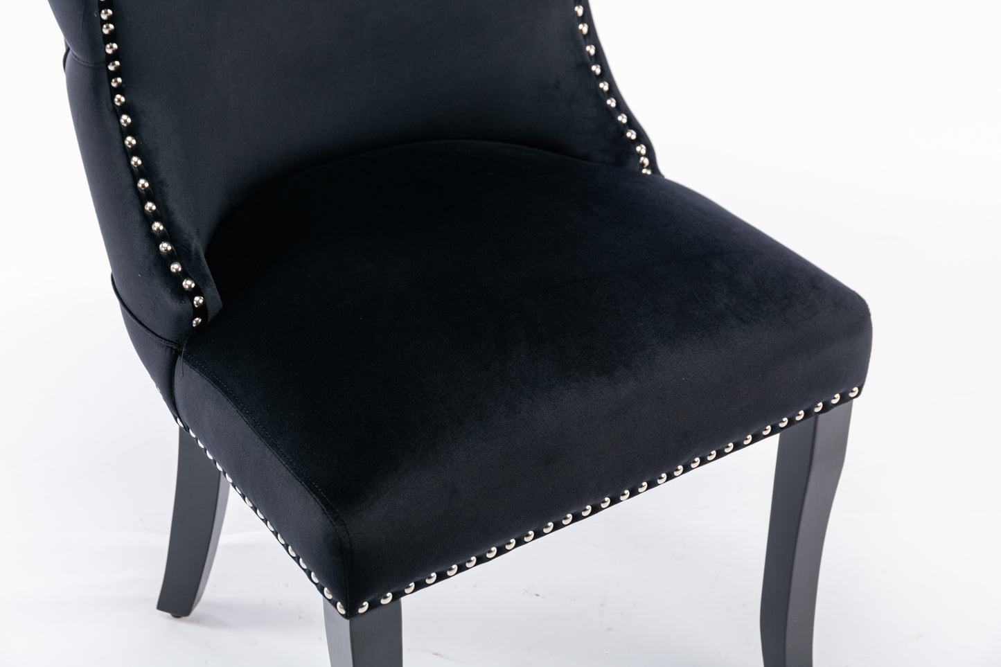 Set of 2 Black Velvet upholstered wing-back dining chair with backstitching nailhead trim and solid wood legs