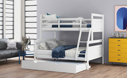 Twin over Full Bunk Bed with Ladder, Twin Size Trundle, Safety Guardrail, White