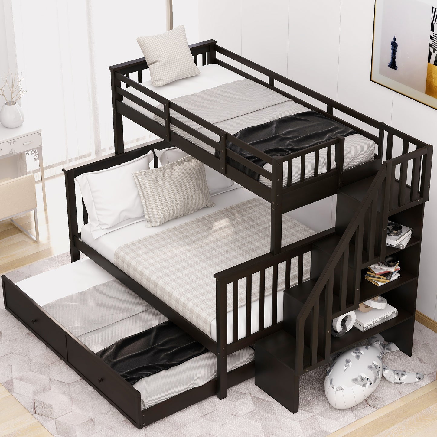 Stairway Twin-Over-Full Bunk Bed with Twin size Trundle, Storage and Guard Rail for Bedroom, Dorm, for  Adults, Espresso (OLD SKU :LP000119AAP)