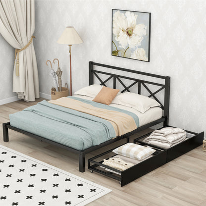 Metal Platform Bed with 2 Drawers, Full (Black)