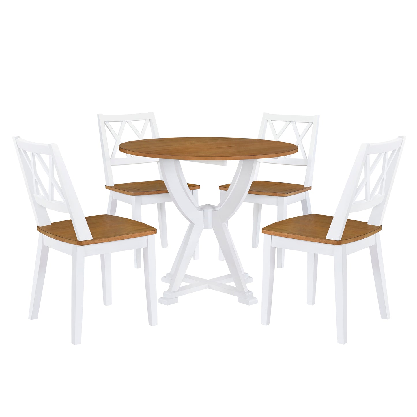 TOPMAX  Mid-Century 5-Piece Round Dining Table Set with Trestle Legs and 4 Cross Back Dining Chairs, Antique Oak+White