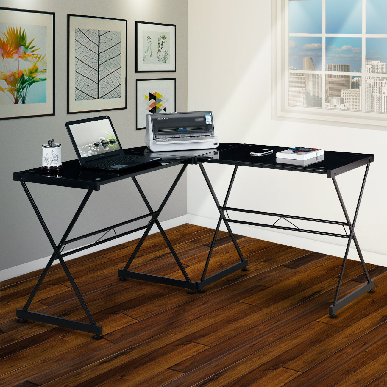 Techni Mobili L-Shaped Glass Computer Desk, Black