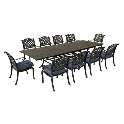 Rectangular 10 - Person 126.38" Long Dining Set with Navy Blue Cushions