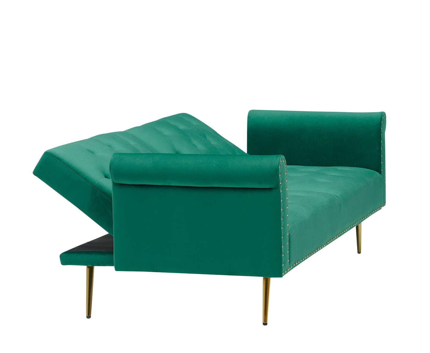 Green velvet nail head sofa bed with throw pillow and midfoot