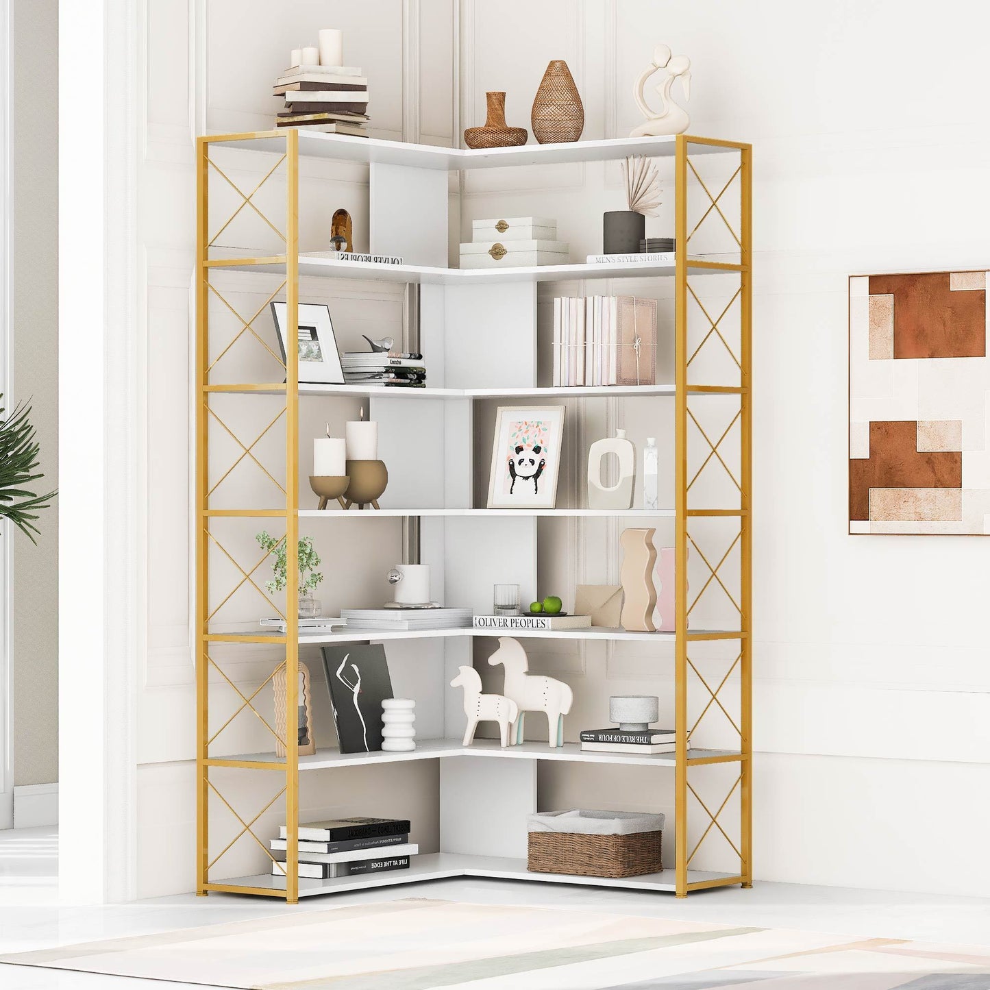 Golden+White 7-Tier Bookcase Home Office Bookshelf,  L-Shaped Corner Bookcase with Metal Frame, Industrial Style Shelf with Open Storage, MDF Board