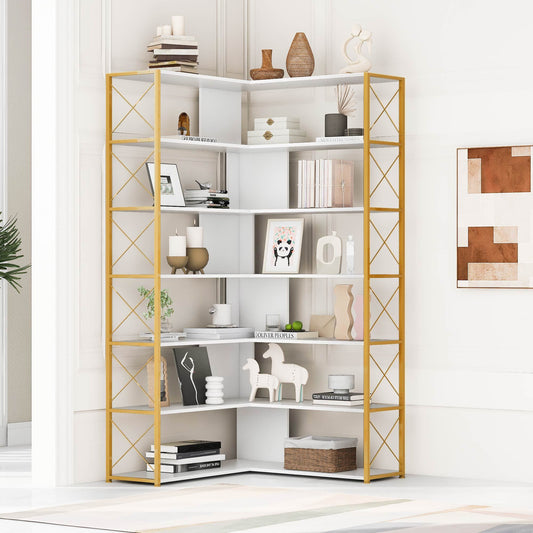 Golden+White 7-Tier Bookcase Home Office Bookshelf,  L-Shaped Corner Bookcase with Metal Frame, Industrial Style Shelf with Open Storage, MDF Board