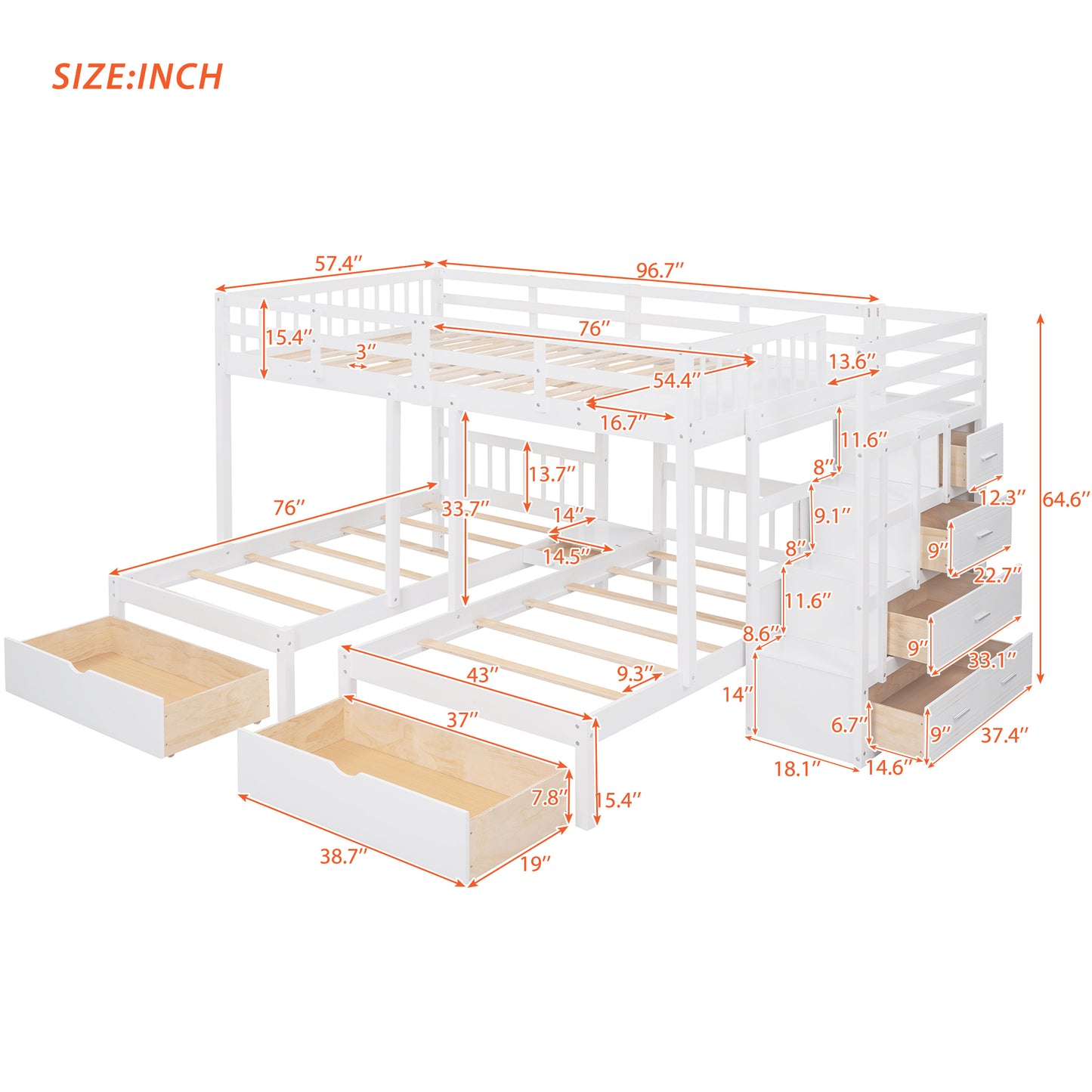 Full Over Twin & Twin Bunk Bed, Wood Triple Bunk Bed with Drawers and Guardrails (White)