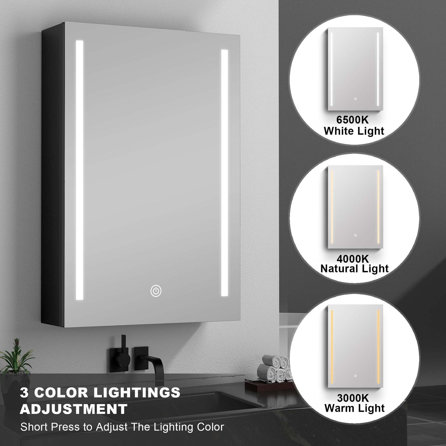 50x30 Inch LED Bathroom Medicine Cabinet Surface Mount Double Door Lighted Medicine Cabinet, Medicine Cabinets for Bathroom with Mirror Defogging, Dimmer Black