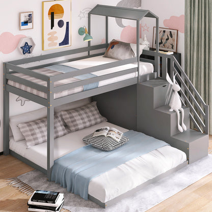 Twin over Full House Roof Bunk Bed with Staircase and Shelves, Gray