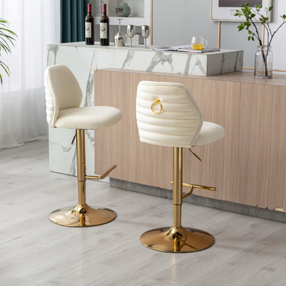 Swivel Bar Stools Chair Set of 2 Modern Adjustable Counter Height Bar Stools, Velvet Upholstered Stool with Tufted High Back & Ring Pull for Kitchen , Chrome Golden Base,Cream