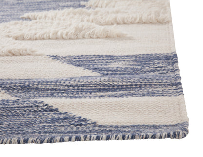 Ivory and Blue Wool Blend Handwoven High-Low Area Rug 5x8