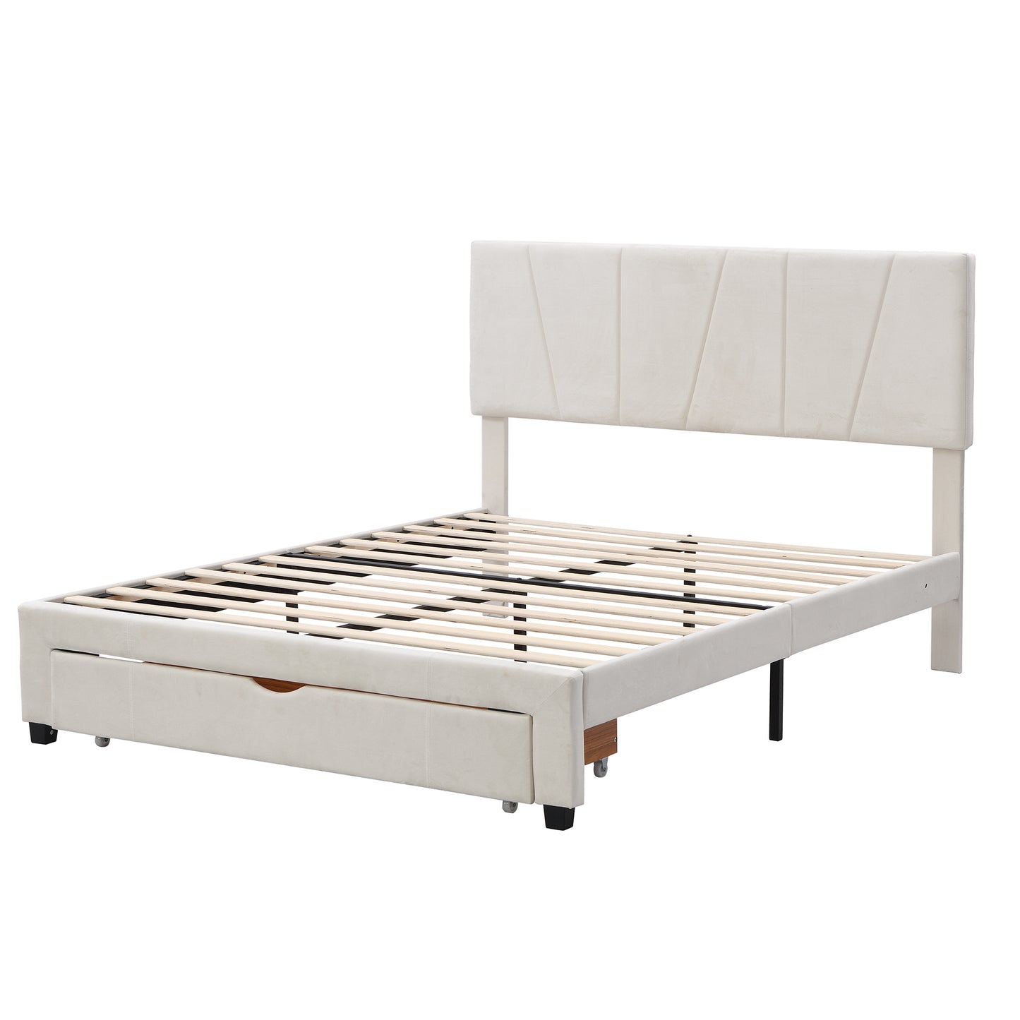 Queen Size Upholstery Platform Bed with One Drawer,Adjustable Headboard, Beige