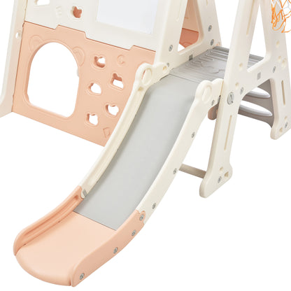 7-in-1 Toddler Climber and Slide Set Kids Playground Climber Slide Playset with Tunnel, Climber, Whiteboard,Toy Building Block Baseplates, Basketball Hoop Combination for Babies