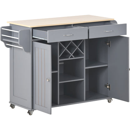 K&K Store Kitchen Island Cart with Two Storage Cabinets and Four Locking Wheels，Wine Rack, Two Drawers,Spice Rack, Towel Rack （Grey Blue）