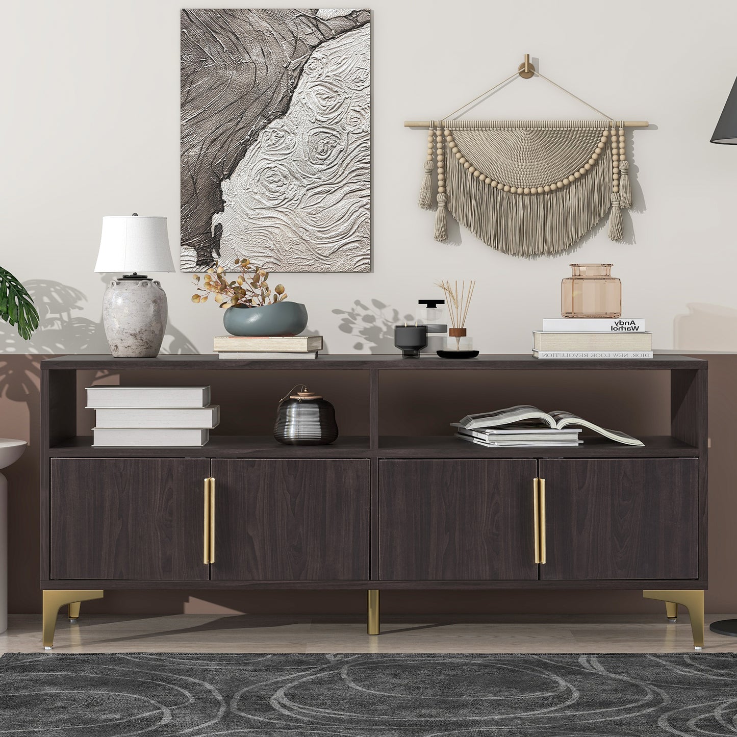 TREXM 58” L Sideboard with Gold Metal Legs and Handles Sufficient Storage Space Magnetic Suction Doors (Espresso)